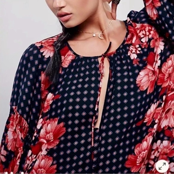 Free People Sunset Boulevard Floral Peasant Romper Oversized Long Sleeve - XS - Picture 2 of 10